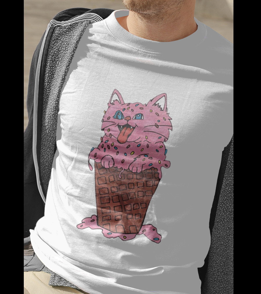 Pink Cat Ice Cream Cone Sprinkles Waffle Delight T-Shirt