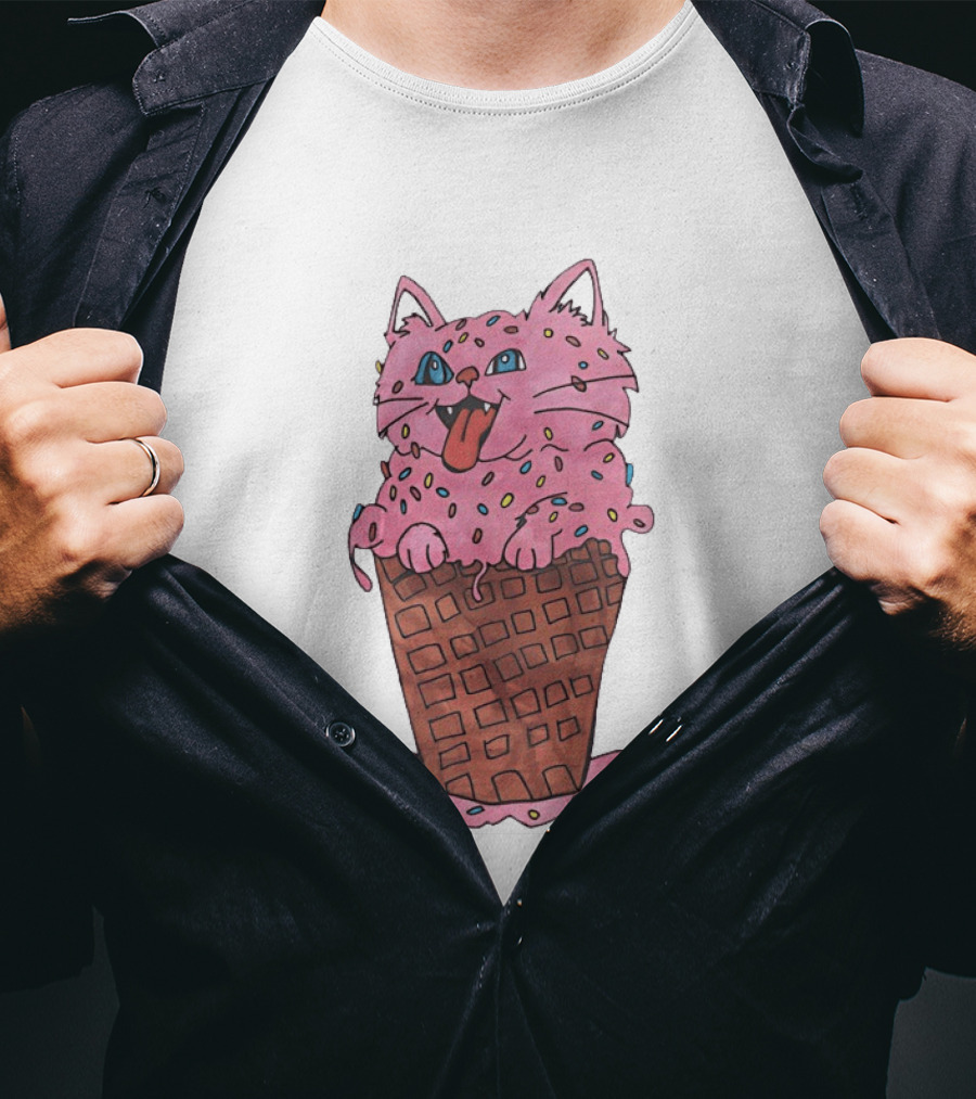 Pink Cat Ice Cream Cone Sprinkles Waffle Delight T-Shirt