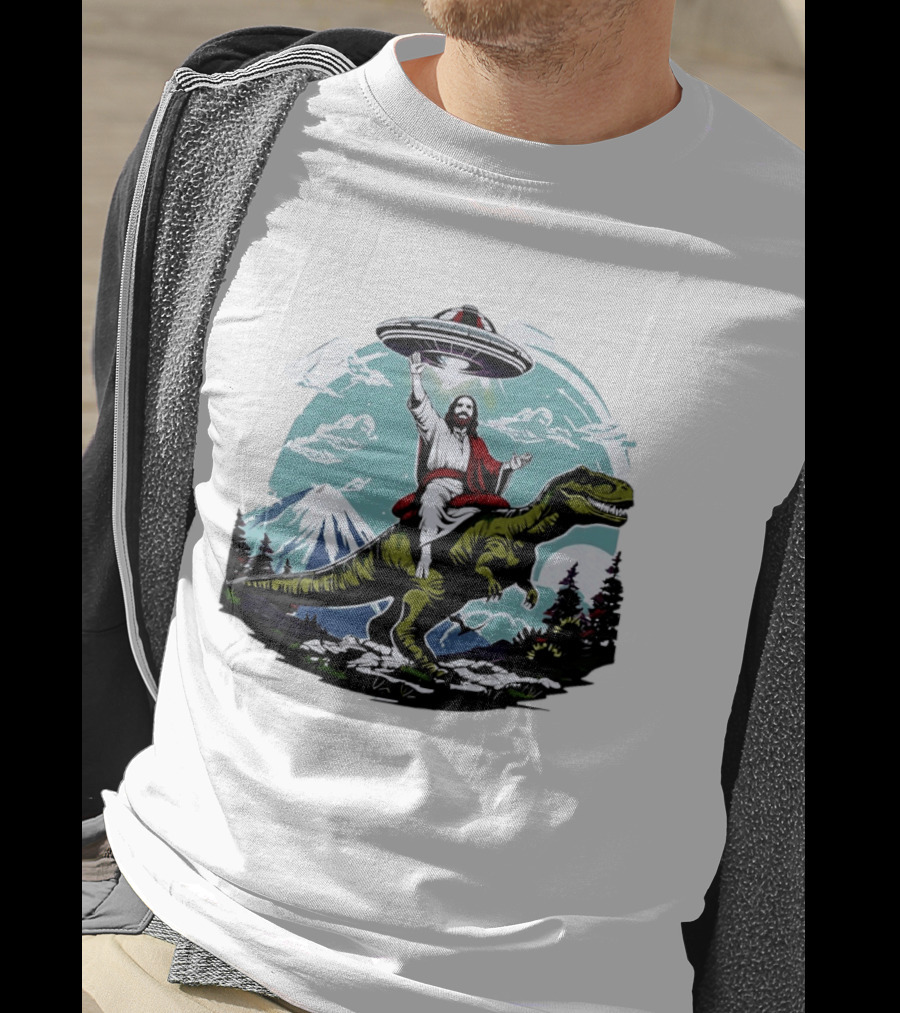 Jesus Riding Rex UFO Nature Scene With Mountains And Trees T-Shirt
