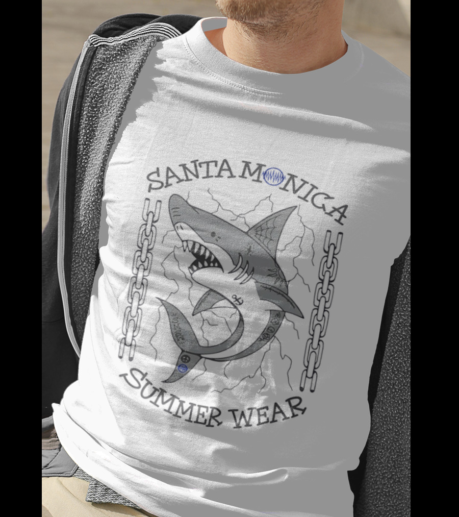 Santa Monica Summer Wear Shark Tattoo Chains And Waves T-Shirt