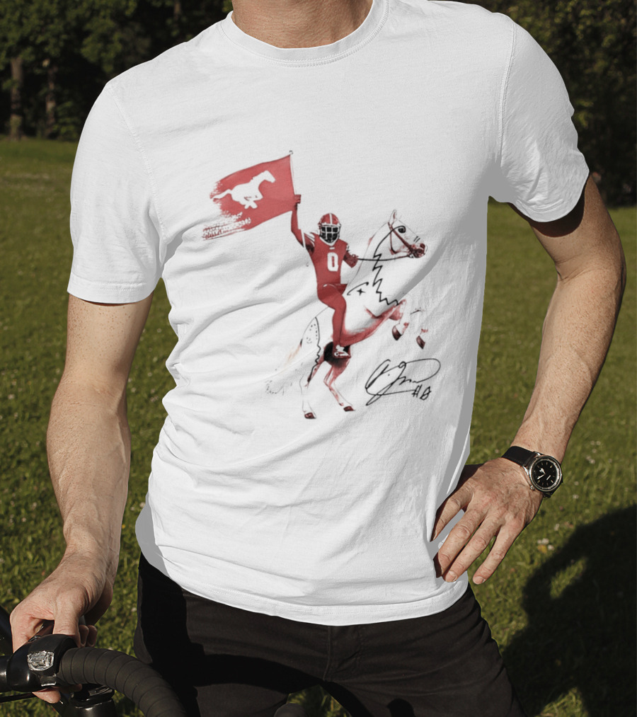 SMU Mustangs Football Player Riding Horse Holding Flag Number 0 T-Shirt