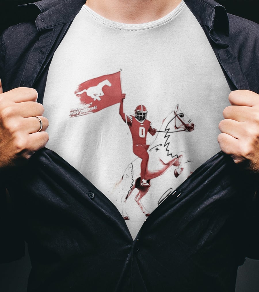 SMU Mustangs Football Player Riding Horse Holding Flag Number 0 T-Shirt