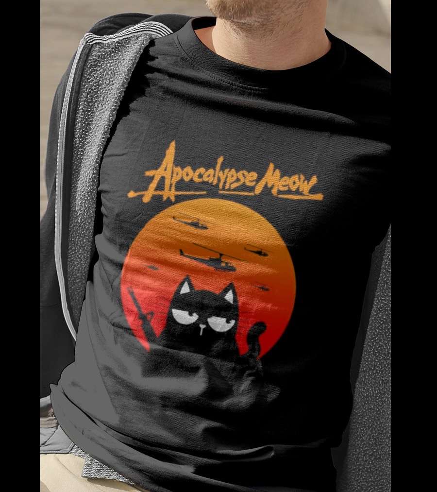 Apocalypse Meow Cat Helicopter Orange Sun T-Shirt