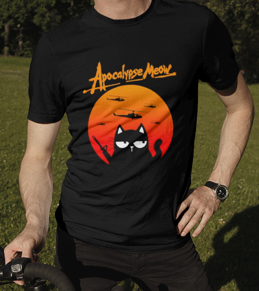 Apocalypse Meow Cat Helicopter Orange Sun T-Shirt