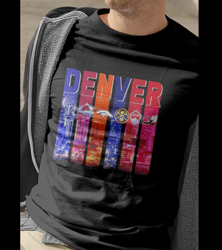 Denver City Skyline With Colorado Rockies Avalanche Broncos Nuggets Rapids Mammoth T-Shirt