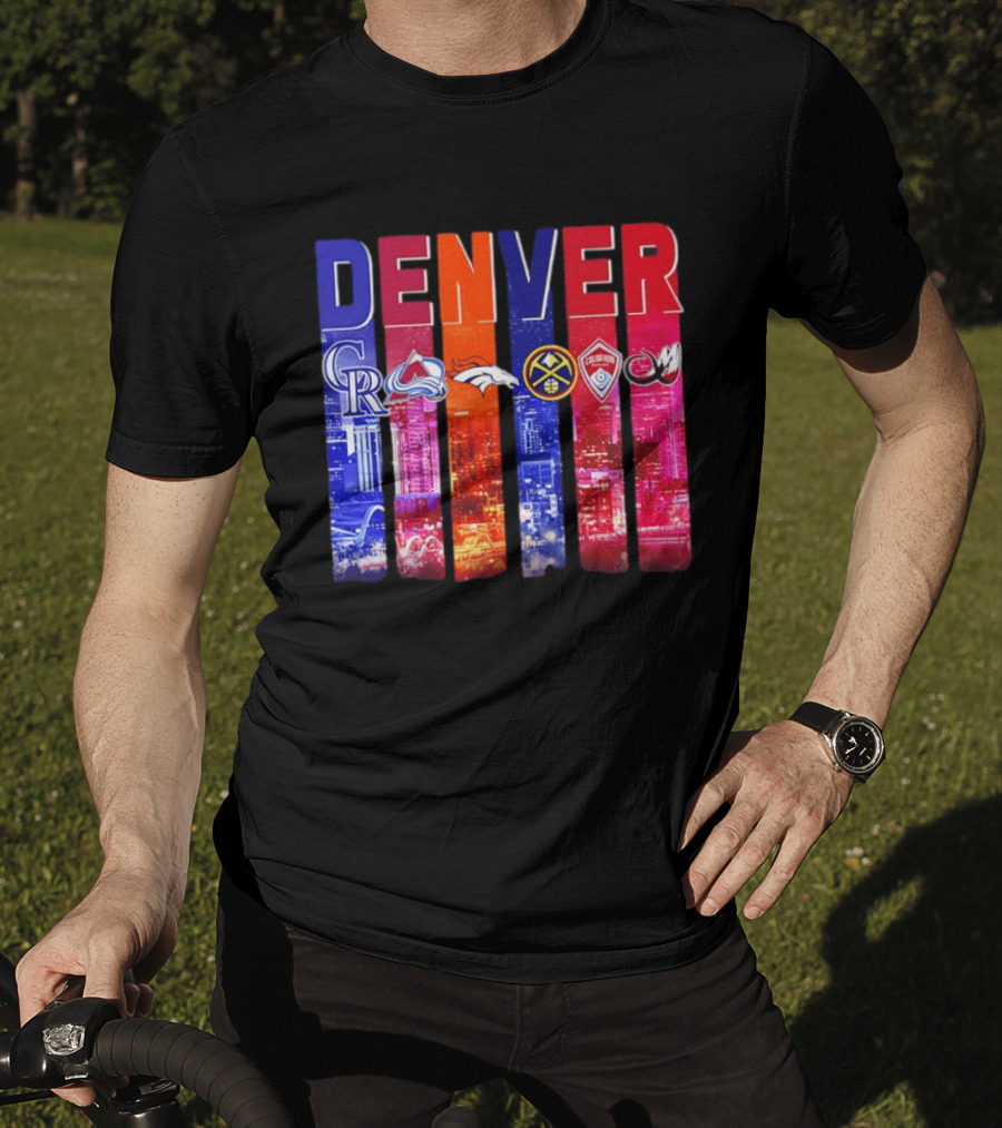 Denver City Skyline With Colorado Rockies Avalanche Broncos Nuggets Rapids Mammoth T-Shirt