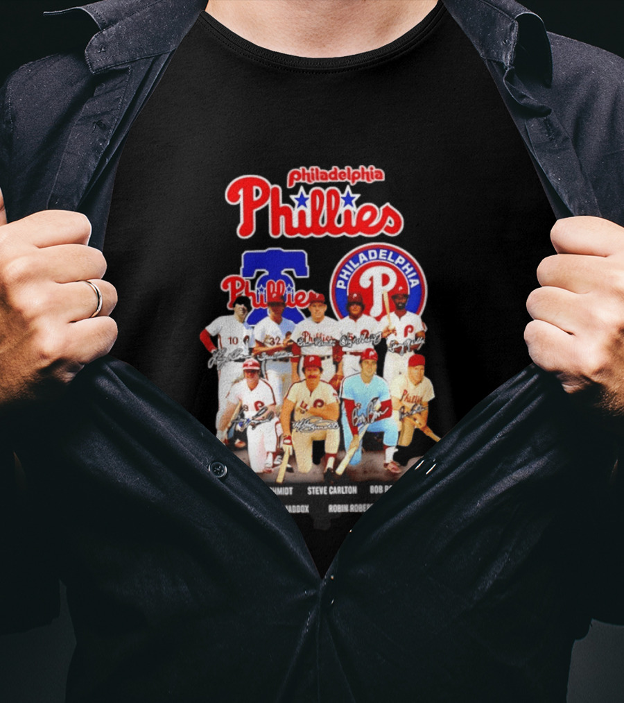Philadelphia Phillies Legends Ashburn Schmidt Carlton Boone Bowa McGraw Maddox Roberts Luzinski Signatures Vintage Players T-Shirt