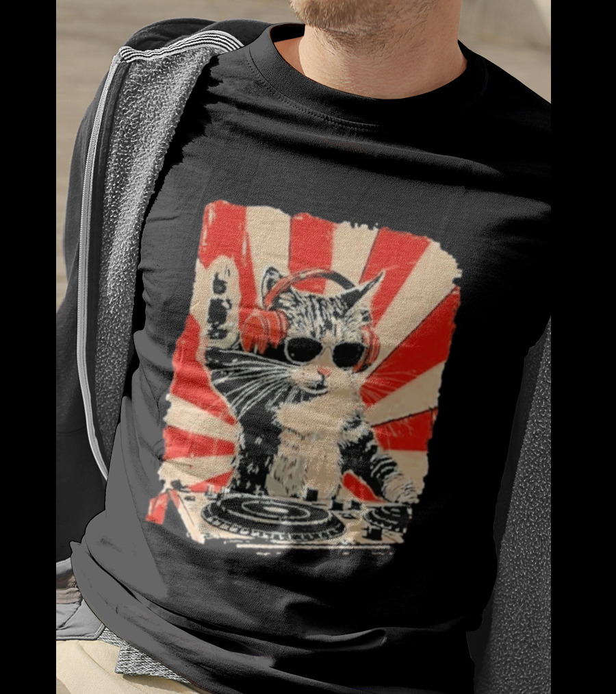 DJ Cat With Headphones Red Sunburst T-Shirt