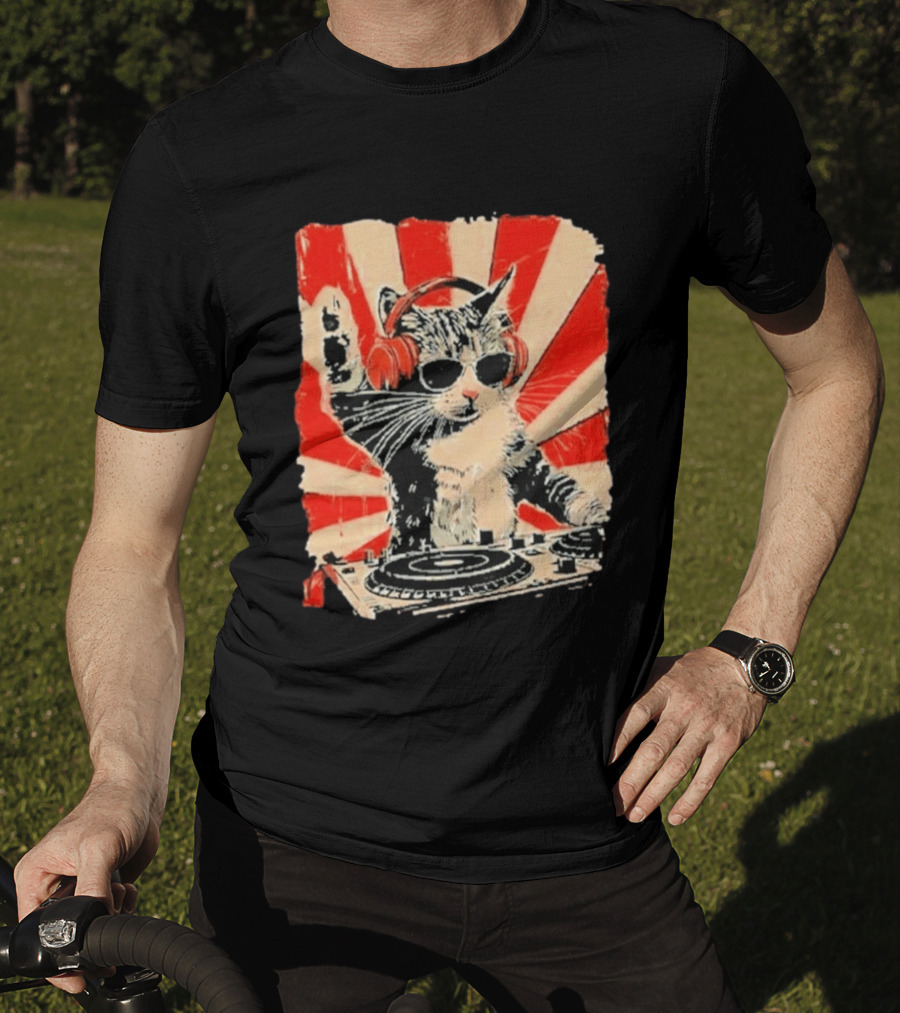 DJ Cat With Headphones Red Sunburst T-Shirt