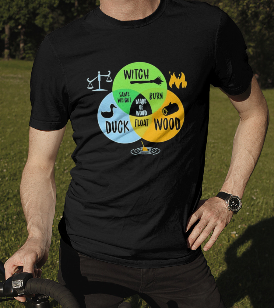 Monty Python Witch Duck Same Weight Made Of Wood Burn Float Venn Diagram T-Shirt