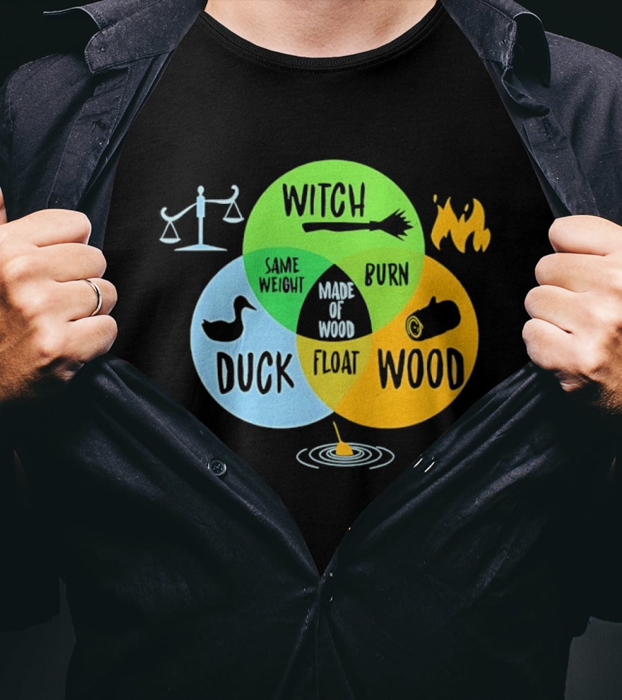Monty Python Witch Duck Same Weight Made Of Wood Burn Float Venn Diagram T-Shirt