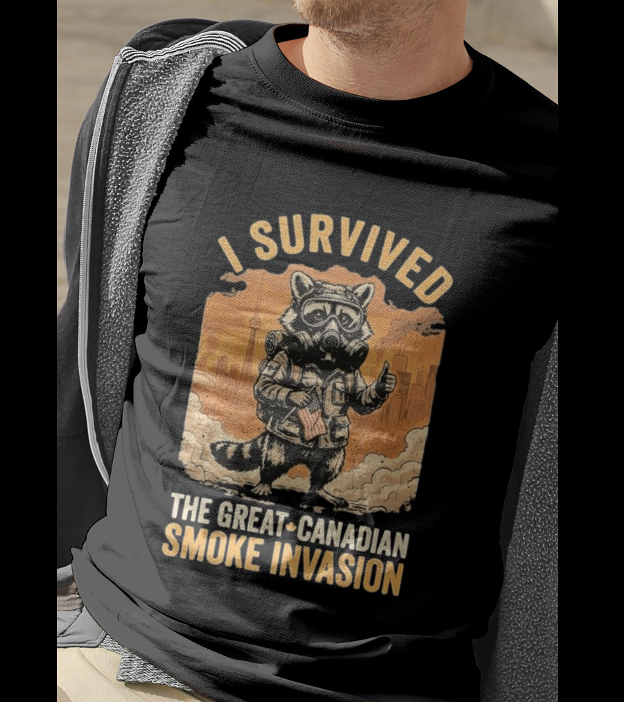 I Survived The Great Canadian Smoke Invasion Raccoon Cityscape Gas Mask T-Shirt