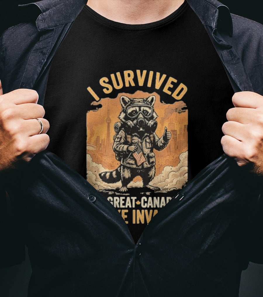 I Survived The Great Canadian Smoke Invasion Raccoon Cityscape Gas Mask T-Shirt