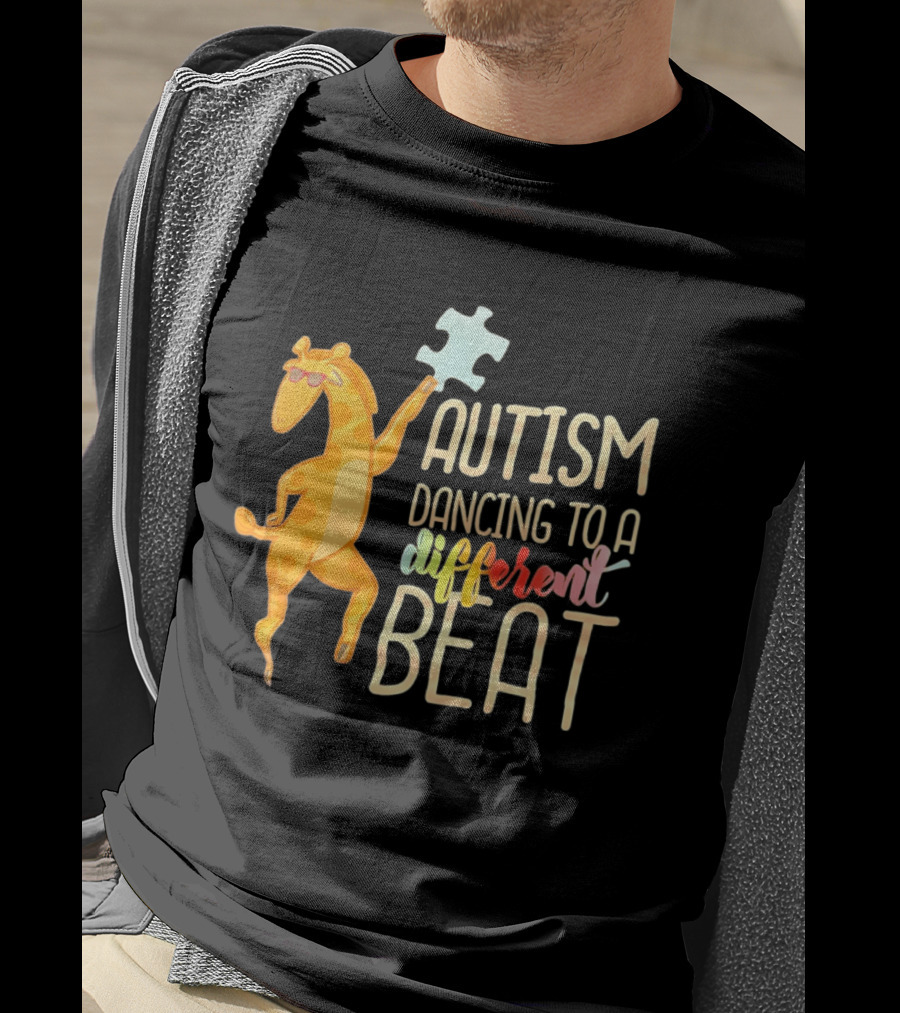Autism Dancing To A Different Beat Giraffe Puzzle Piece And Sunglasses T-Shirt
