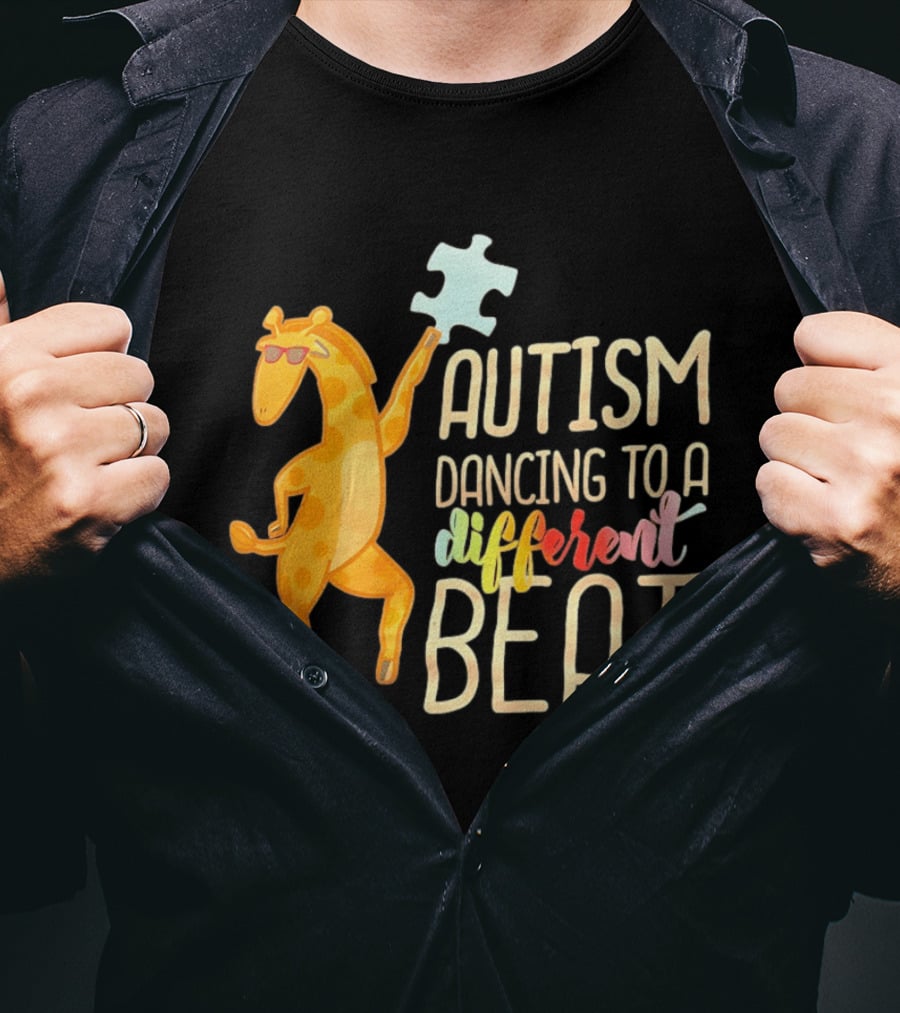 Autism Dancing To A Different Beat Giraffe Puzzle Piece And Sunglasses T-Shirt