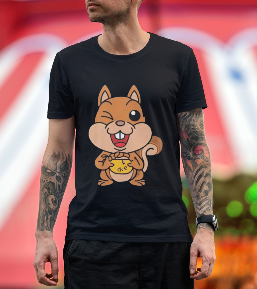 Cartoon Squirrel Holding Yellow Object With "dre" T-Shirt