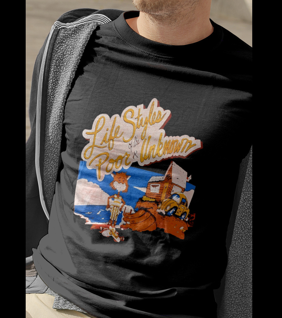 Life Styles Of The Poor And Unknown Cartoon Cat Beach Scene With House And Car T-Shirt