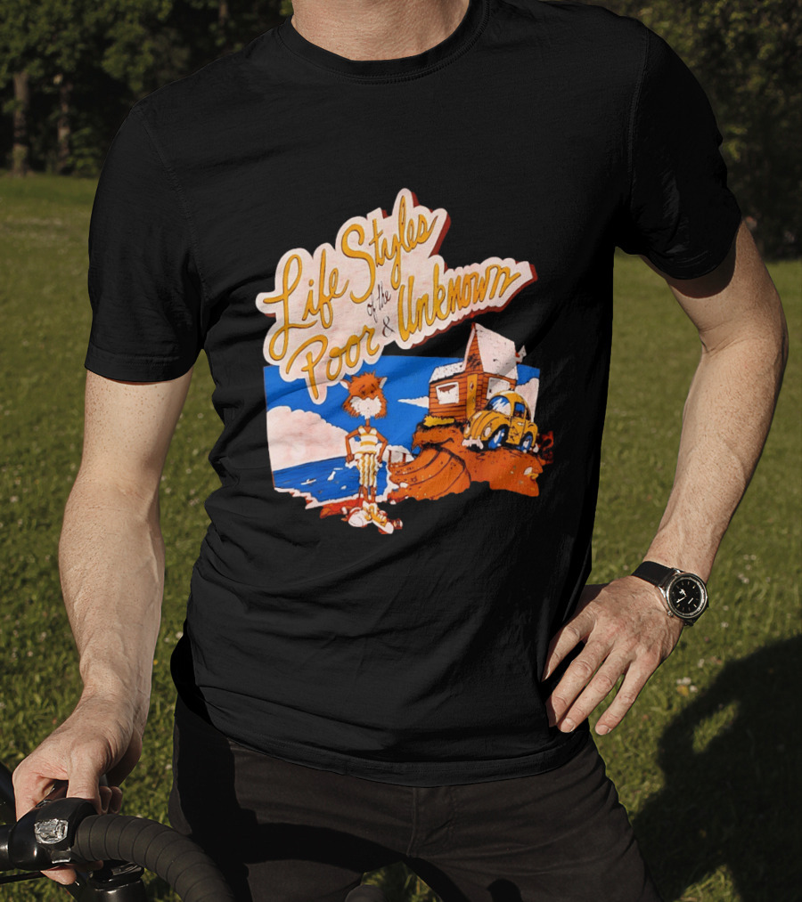 Life Styles Of The Poor And Unknown Cartoon Cat Beach Scene With House And Car T-Shirt