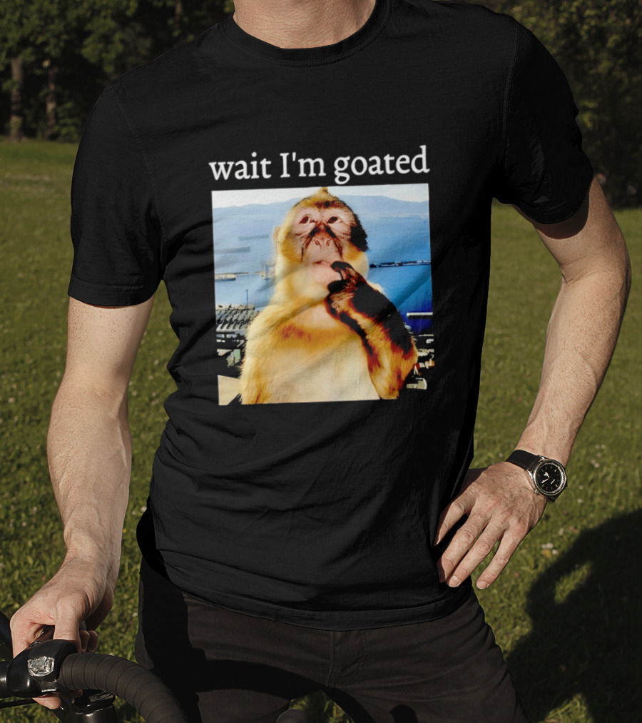 Wait I'm Goated Monkey Meme Coastal View Playful Expression T-Shirt