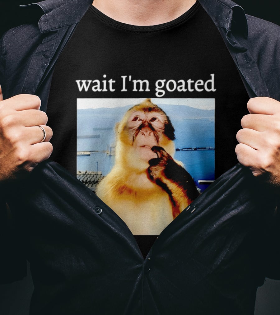 Wait I'm Goated Monkey Meme Coastal View Playful Expression T-Shirt