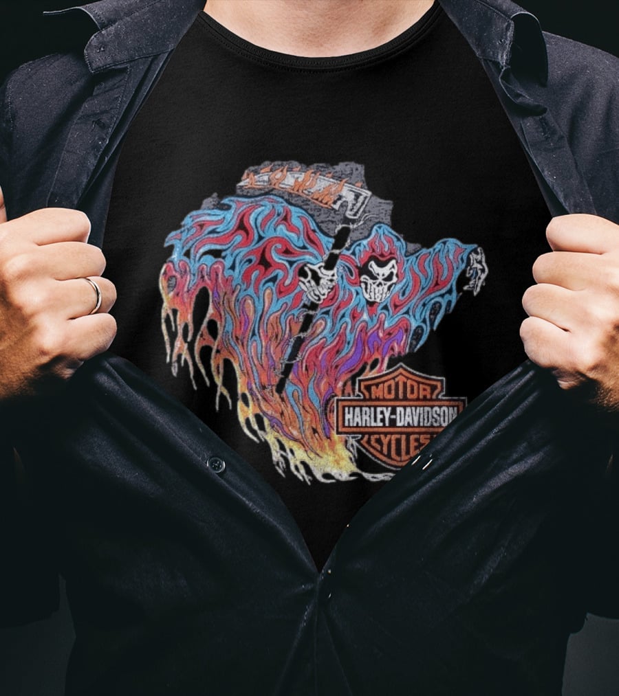 Warren Lotas Harley Davidson Reaper Flames Motor Cycles T-Shirt