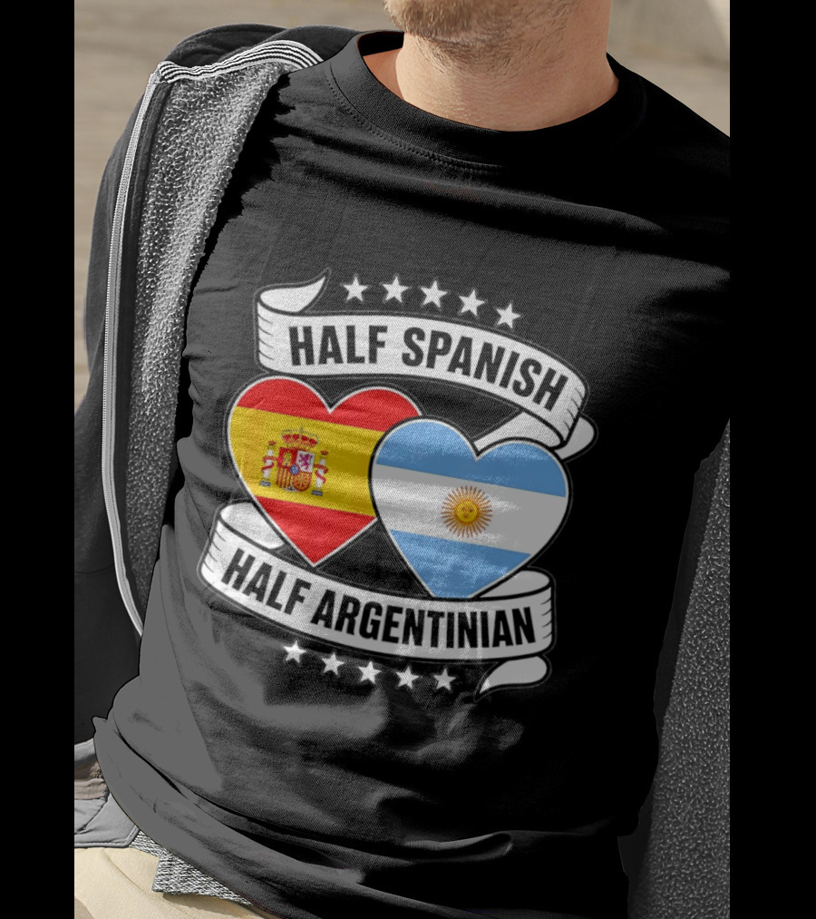 Half Spanish Half Argentinian Heart Flags Banner Star T-Shirt