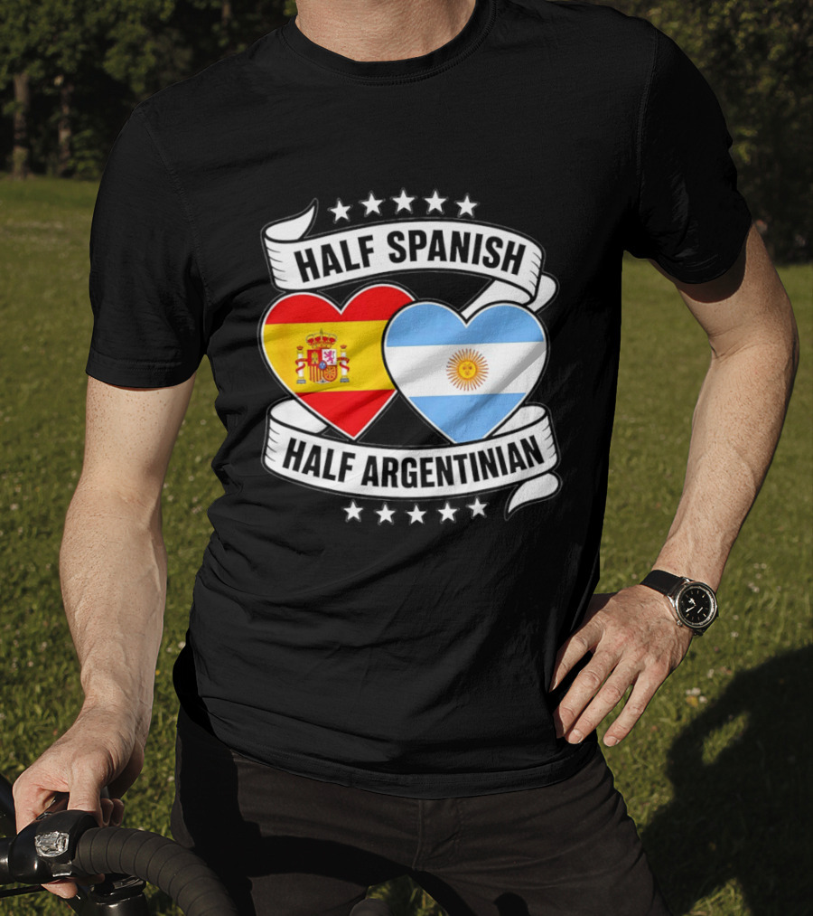 Half Spanish Half Argentinian Heart Flags Banner Star T-Shirt