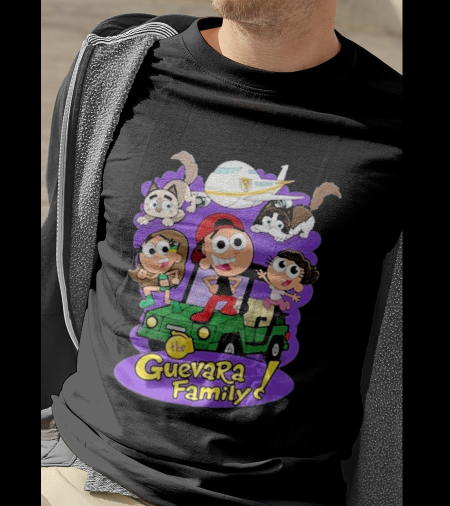 The Guevara Family Cartoon Adventure With Pets And Airplane T-Shirt