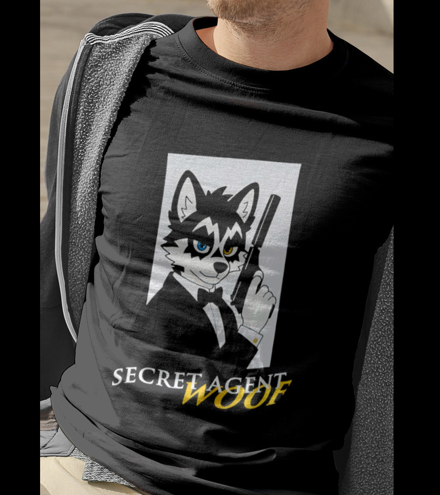 Secret Agent Woof Husky Tuxedo Spy Dog Holding Pistol Image T-Shirt