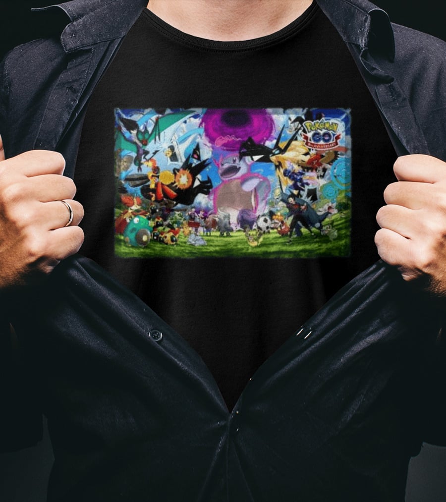 Pokémon GO 8th Anniversary Celebration Featuring Legendary And Mythical Creatures Battle Scene T-Shirt