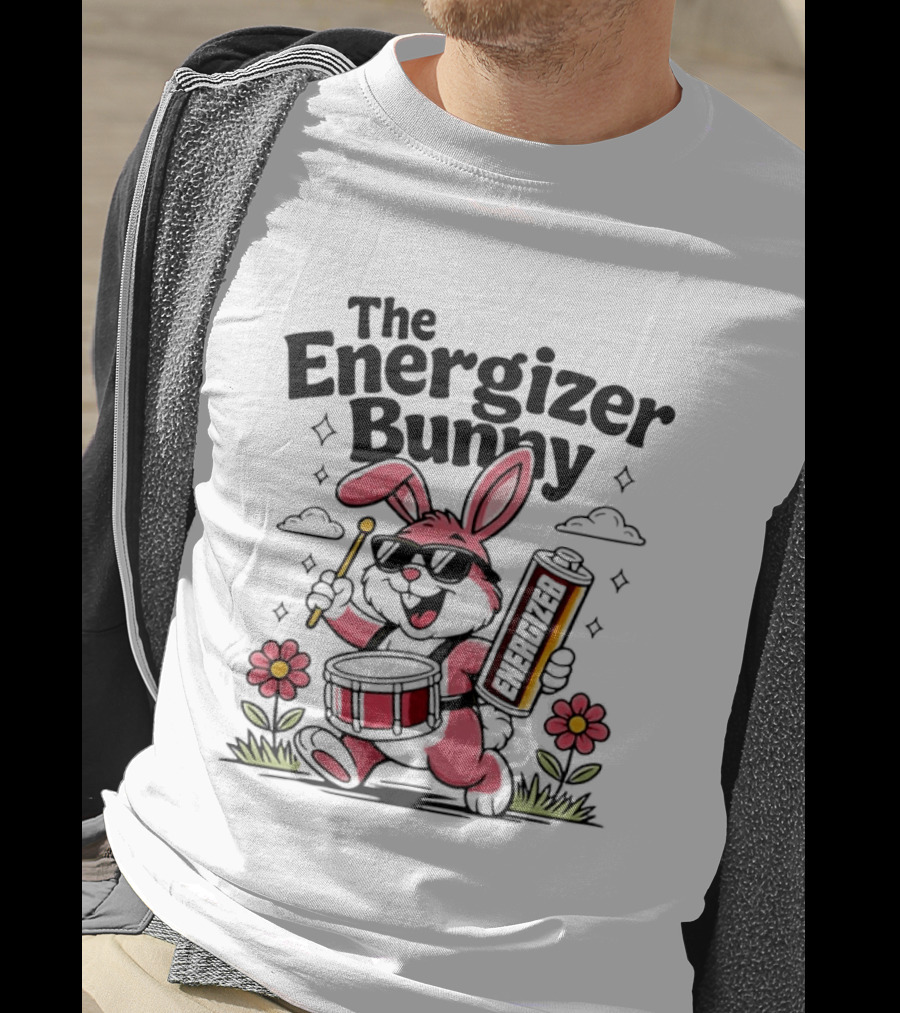 The Energizer Bunny Playing Drum Cartoon Pink Rabbit Sunglasses Drumming With Battery And Flowers T-Shirt