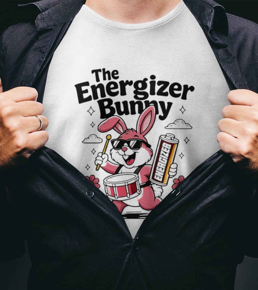 The Energizer Bunny Playing Drum Cartoon Pink Rabbit Sunglasses Drumming With Battery And Flowers T-Shirt