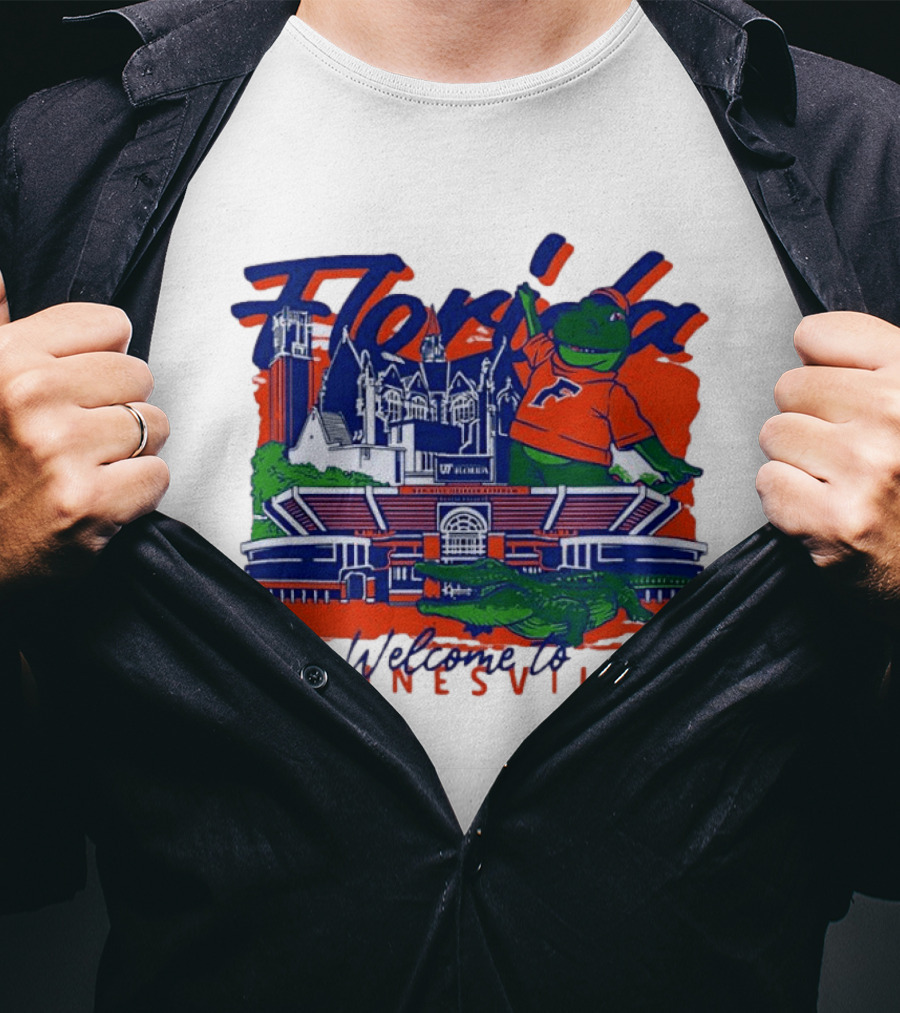 Florida Gators Welcome To Gainesville Stadium And Mascot Collage T-Shirt