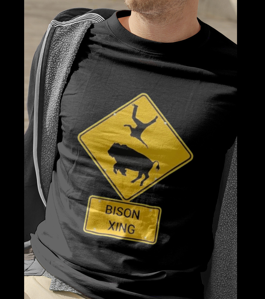 Bison Xing Road Sign With Pedestrian Warning T-Shirt