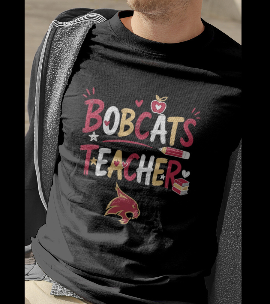 Bobcats Teacher School Spirit Heart Pencil Books Stars T-Shirt