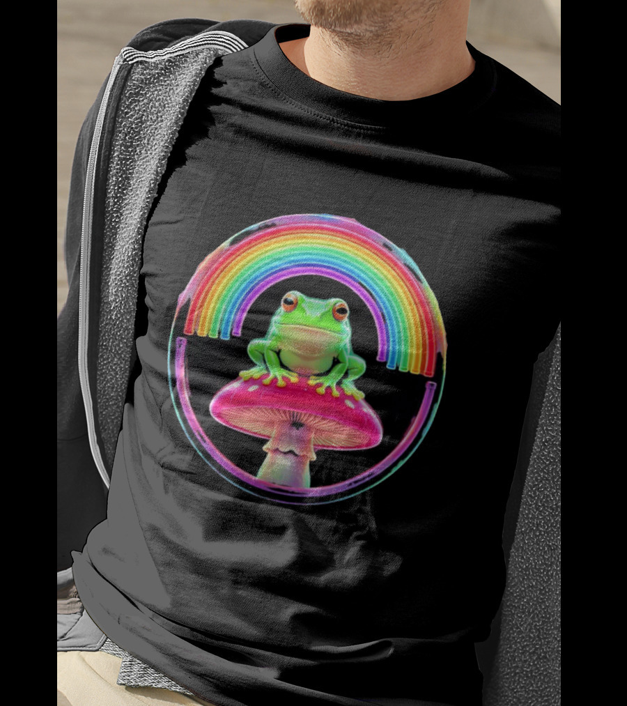 Neon Frog On Mushroom Under Vibrant Rainbow Circle T-Shirt