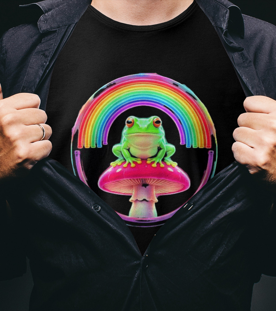 Neon Frog On Mushroom Under Vibrant Rainbow Circle T-Shirt