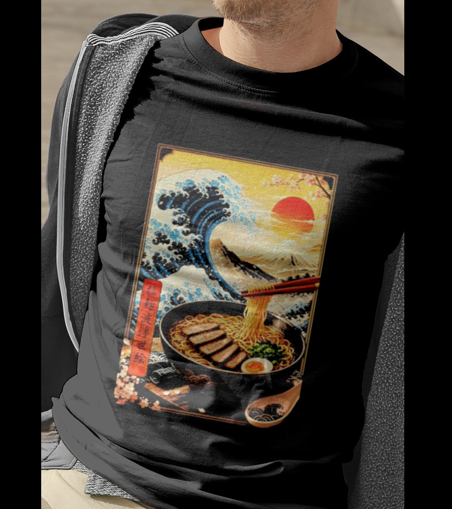 Great Wave Ramen Ukiyo E Japanese Noodles Cherry Blossoms Sun Mountain T-Shirt