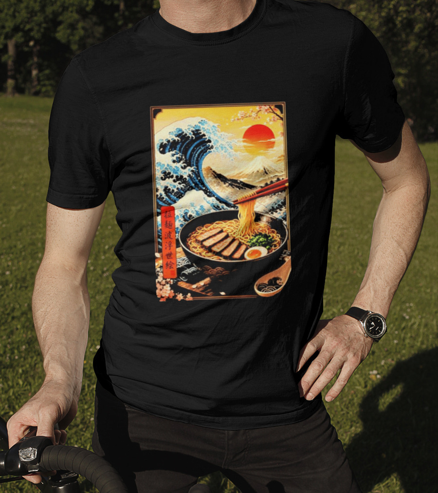 Great Wave Ramen Ukiyo E Japanese Noodles Cherry Blossoms Sun Mountain T-Shirt