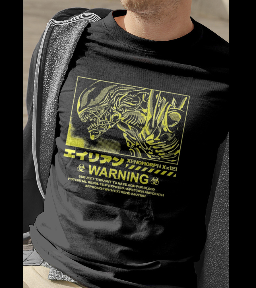 Alien Xenomorph Xx121 Acid Blood Warning Hazard Japan Text Yellow T-Shirt