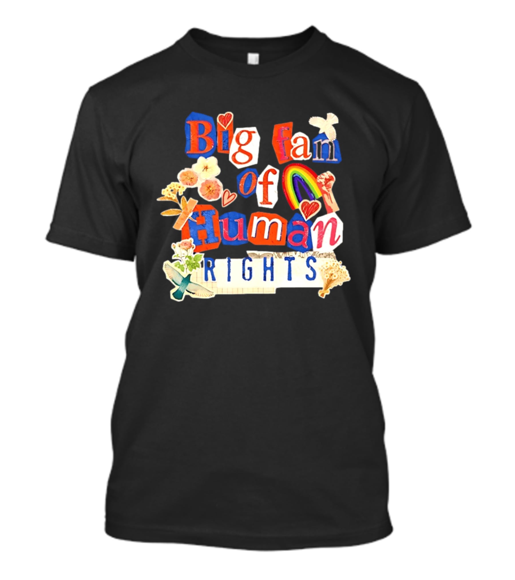 Big Fan Of Human Rights Colorful Collage With Rainbow Fist Flowers And Hearts T-Shirt