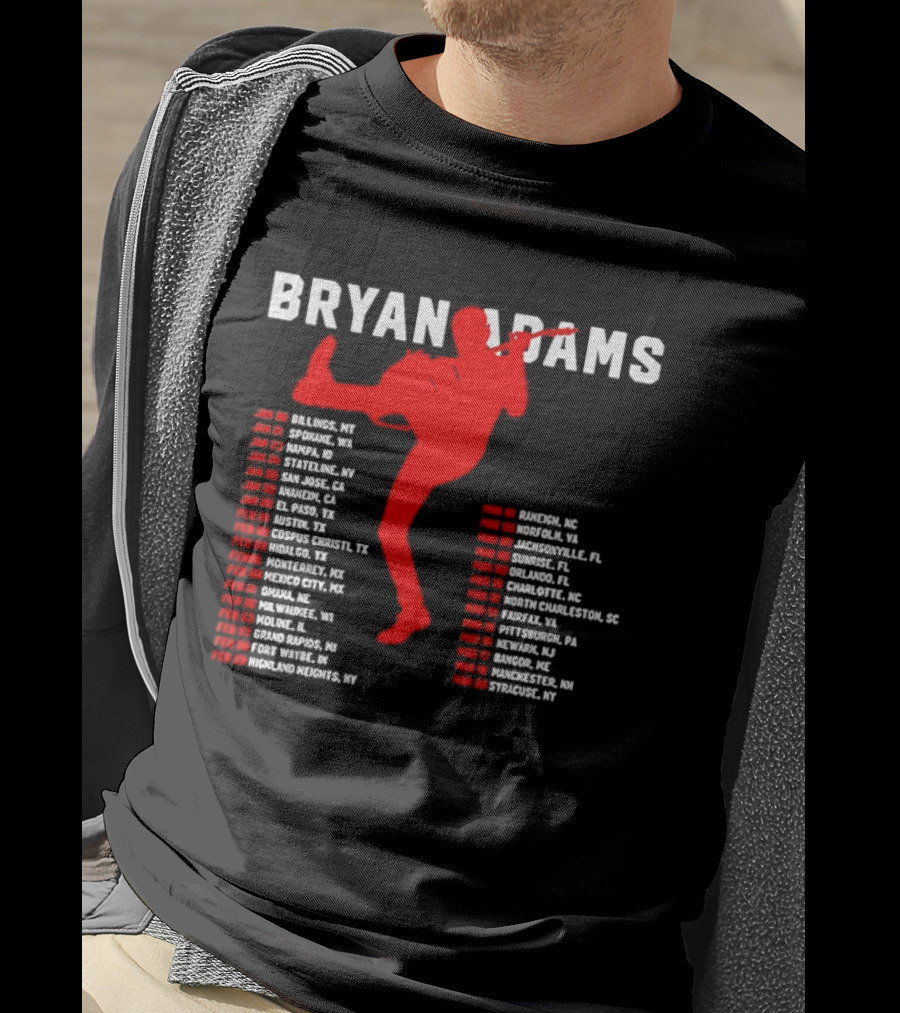 Bryan Adams Kicking Guitar With 2023 Tour Dates And Cities T-Shirt