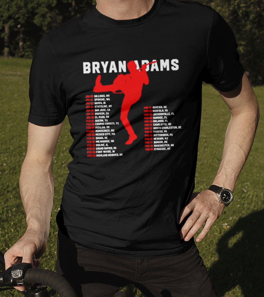 Bryan Adams Kicking Guitar With 2023 Tour Dates And Cities T-Shirt
