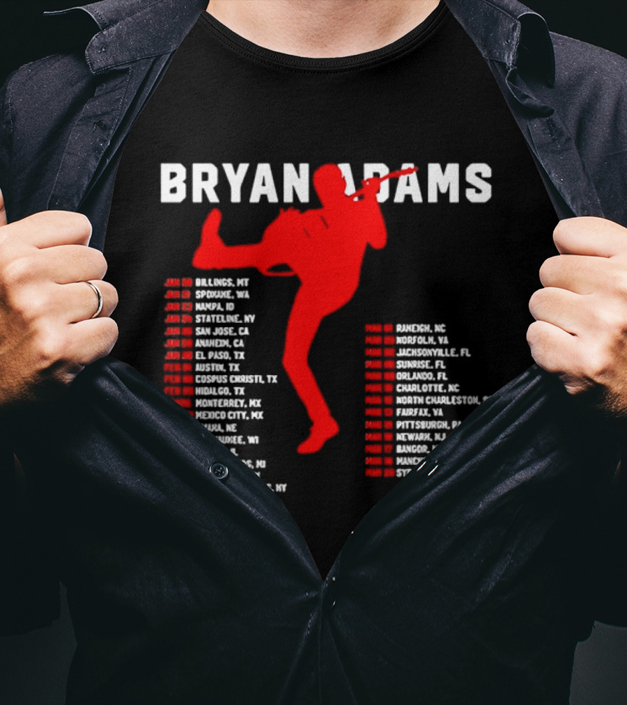 Bryan Adams Kicking Guitar With 2023 Tour Dates And Cities T-Shirt