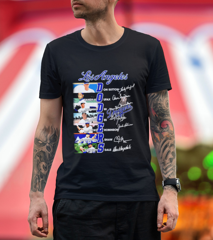 Los Angeles Dodgers Don Sutton Sandy Koufax Duke Snider Gil Hodges Jackie Robinson Clayton Kershaw Don Drysdale Signatures T-Shirt