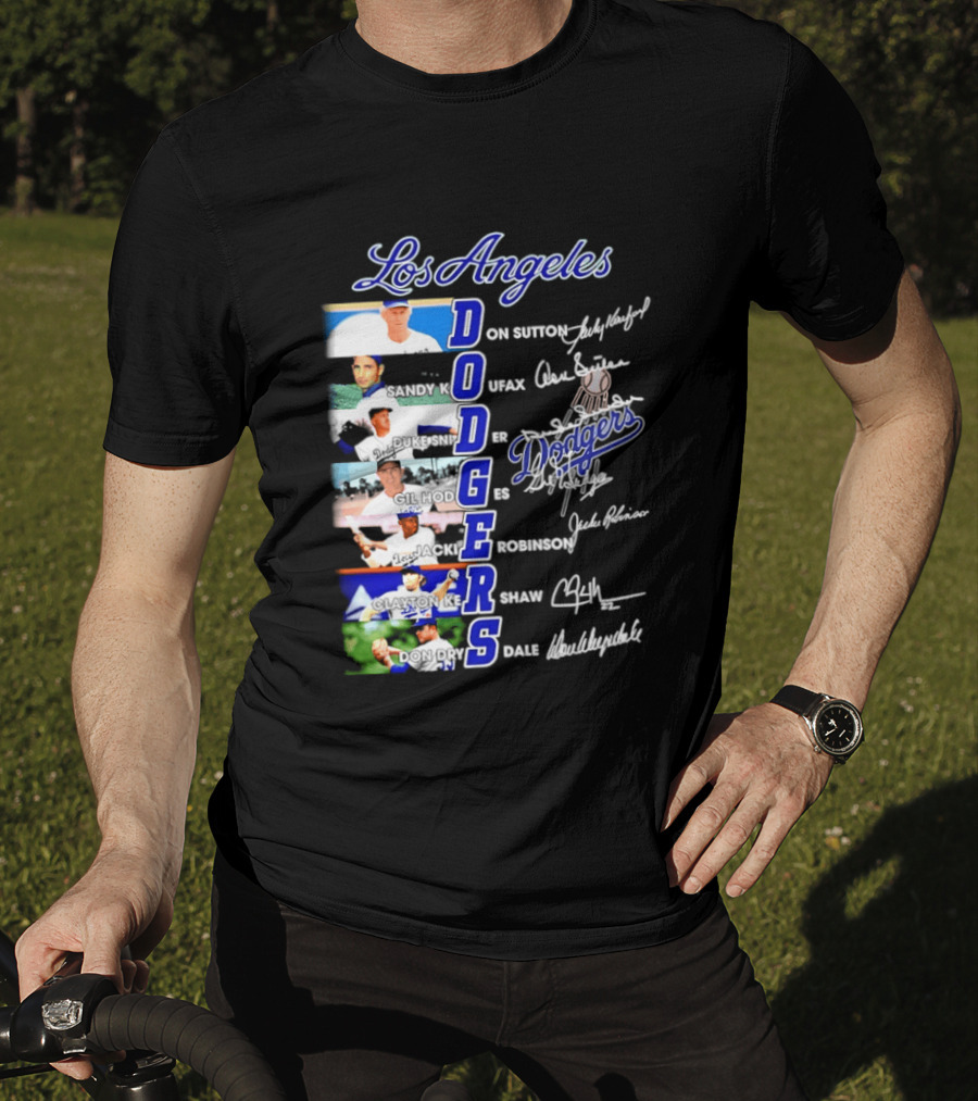 Los Angeles Dodgers Don Sutton Sandy Koufax Duke Snider Gil Hodges Jackie Robinson Clayton Kershaw Don Drysdale Signatures T-Shirt