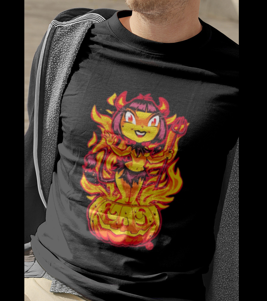 Devil Girl In Jack O' Lantern Halloween Flames With Pitchfork And Tail T-Shirt