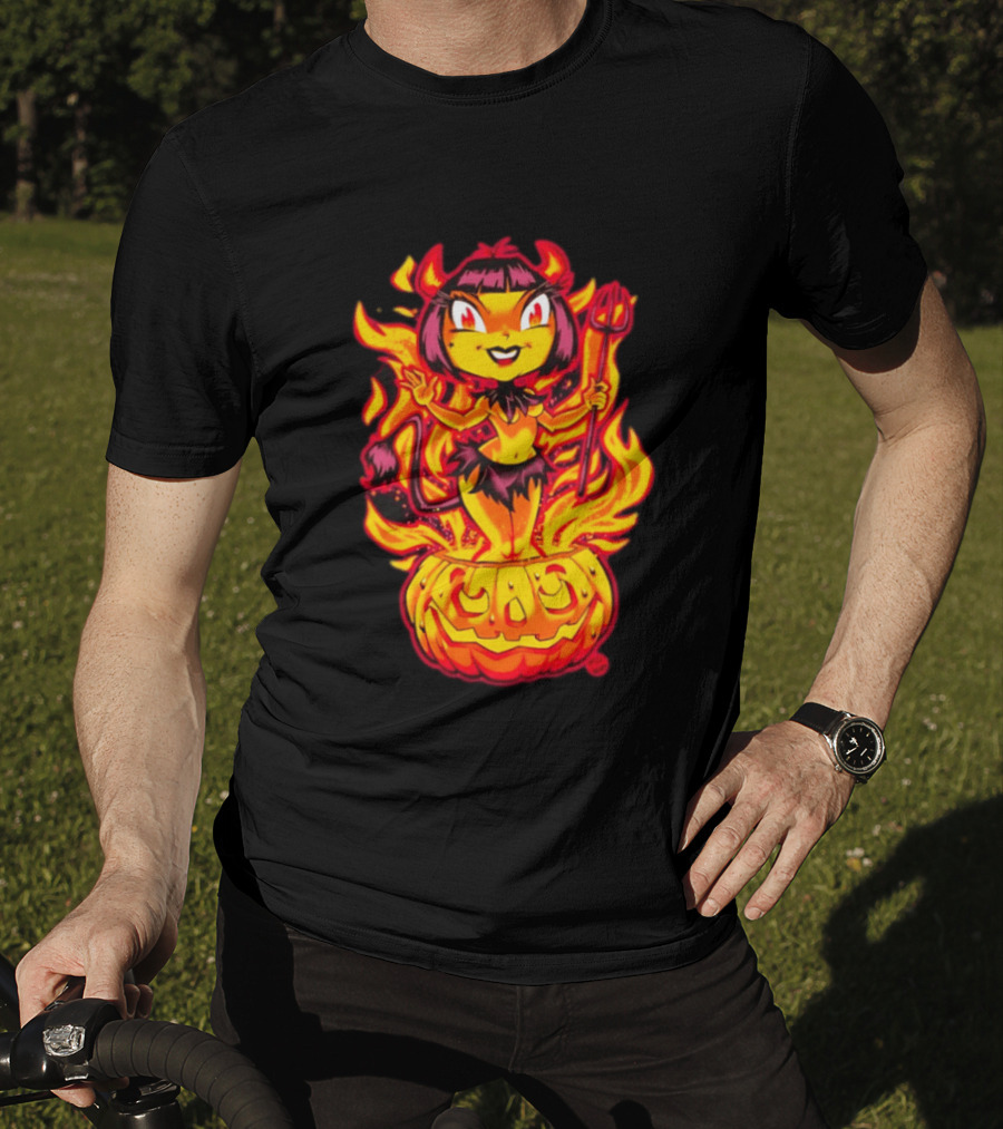 Devil Girl In Jack O' Lantern Halloween Flames With Pitchfork And Tail T-Shirt
