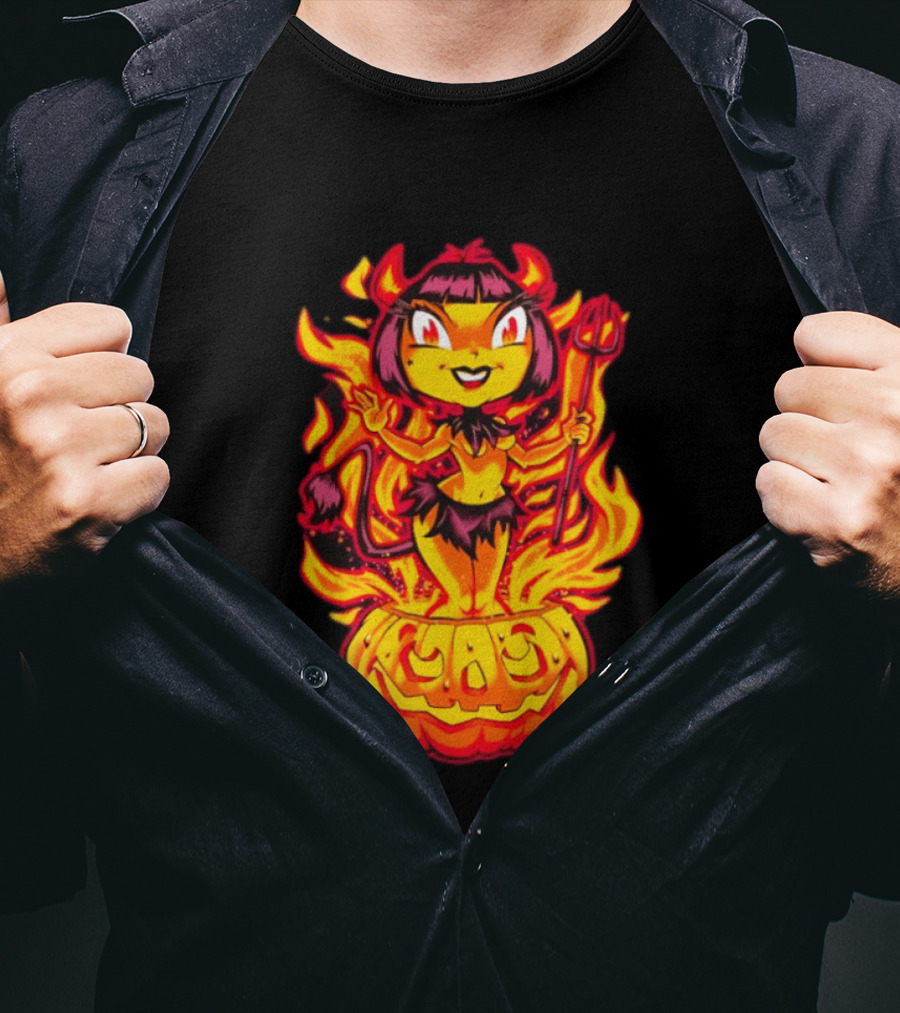 Devil Girl In Jack O' Lantern Halloween Flames With Pitchfork And Tail T-Shirt