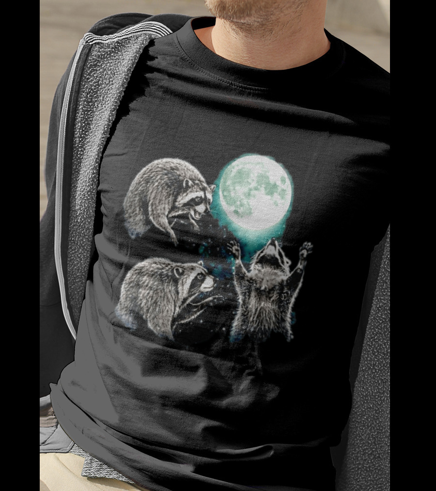 Jimothy Raccoon Moon Space Wolf Moon Trio Reaching For Full Moon T-Shirt